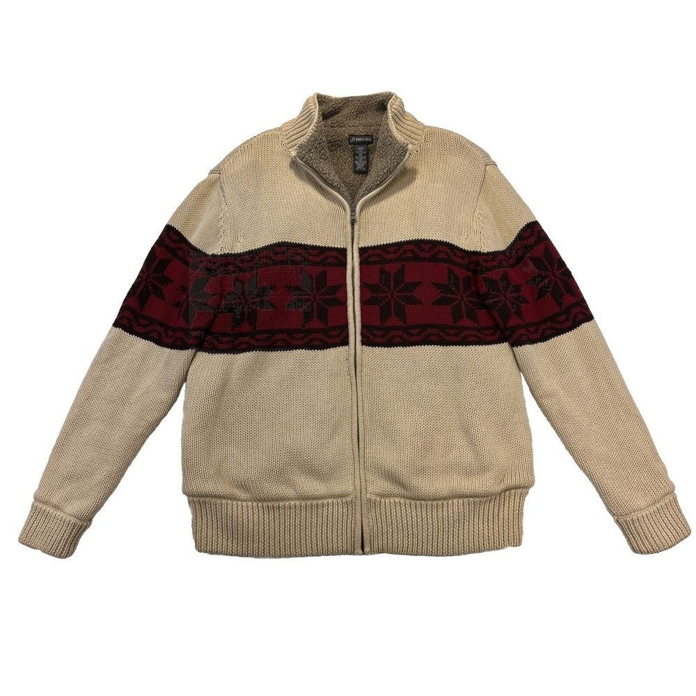 VTG St Johns Bay Sweater Jacket Mens L Sherpa Lined Fair Isle Knit‎ Full Zip